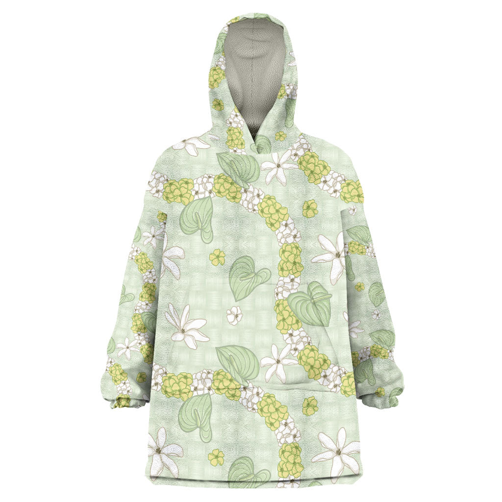 Hawaii Anthurium Tiare Pikake Lei Wearable Blanket Hoodie Sage Green Lauhala Art Pattern