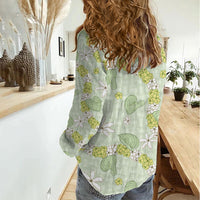 Hawaii Anthurium Tiare Pikake Lei Women Casual Shirt Sage Green Lauhala Art Pattern