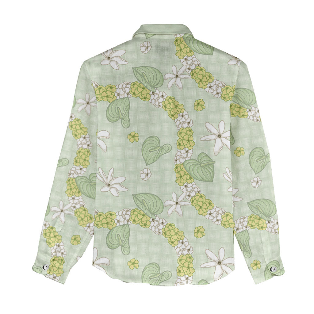 Hawaii Anthurium Tiare Pikake Lei Women Casual Shirt Sage Green Lauhala Art Pattern