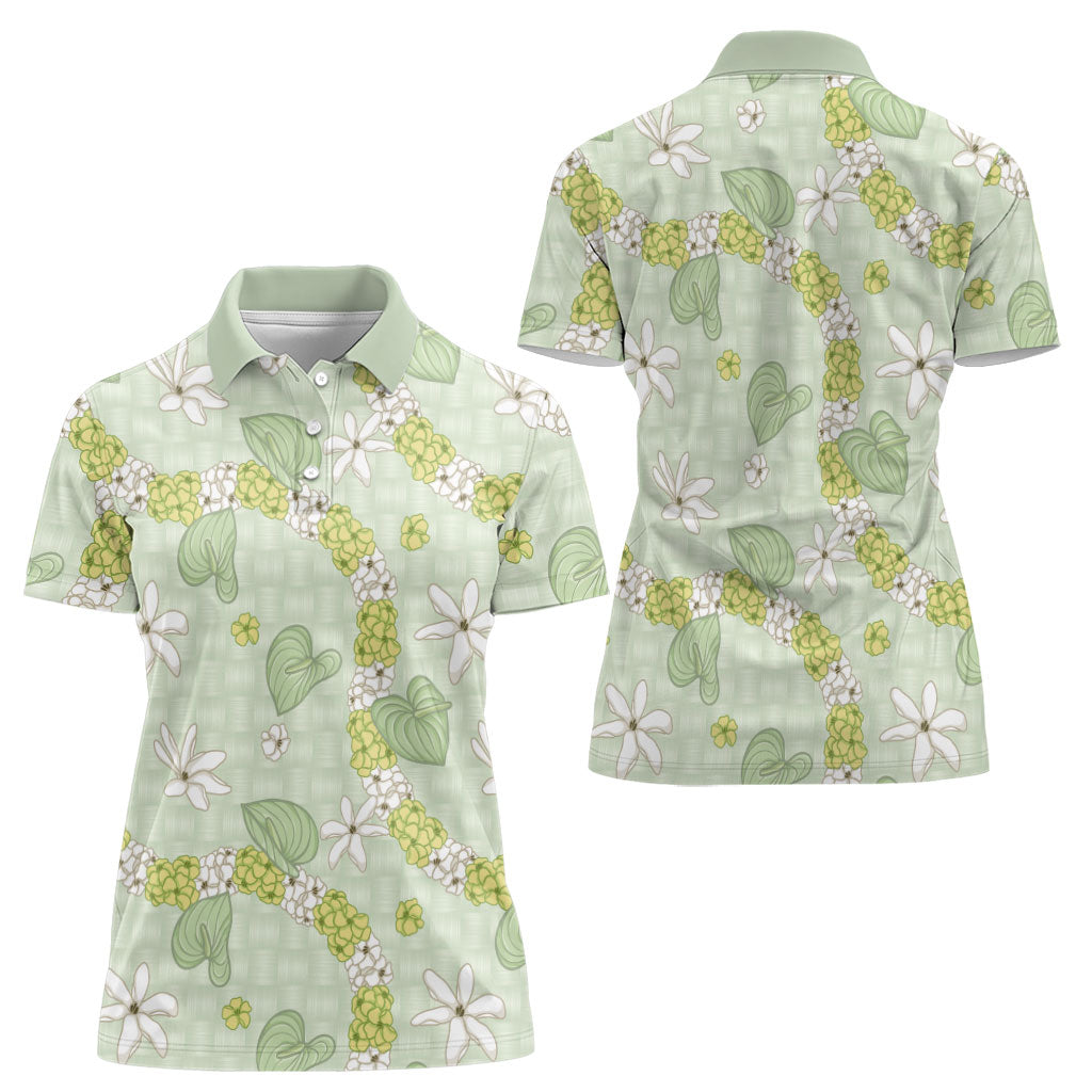Hawaii Anthurium Tiare Pikake Lei Women Polo Shirt Sage Green Lauhala Art Pattern