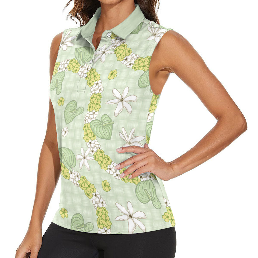 Hawaii Anthurium Tiare Pikake Lei Women Sleeveless Polo Shirt Sage Green Lauhala Art Pattern LT01 - Polynesian Pride