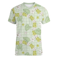 Hawaii Anthurium Tiare Pikake Lei Women V-Neck T-Shirt Sage Green Lauhala Art Pattern