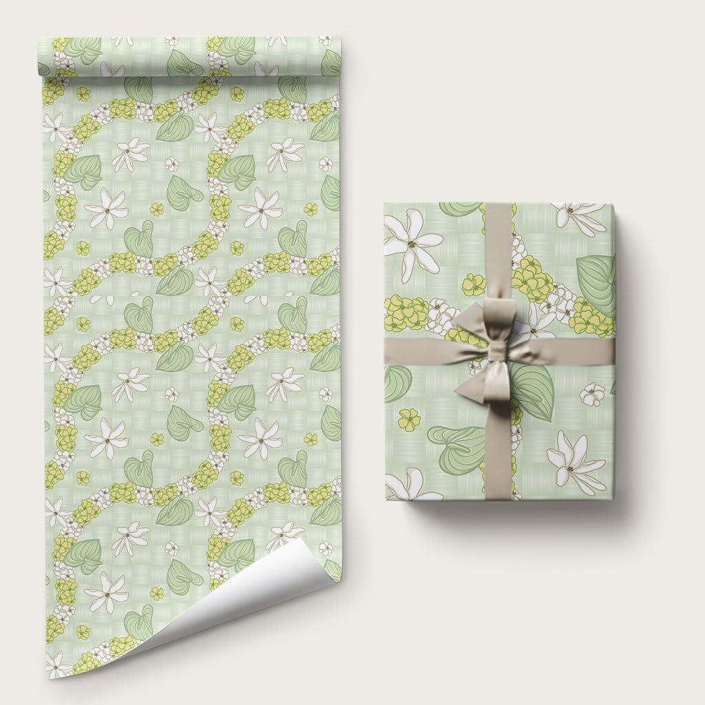 Hawaii Anthurium Tiare Pikake Lei Wrapping Paper Sage Green Lauhala Art Pattern