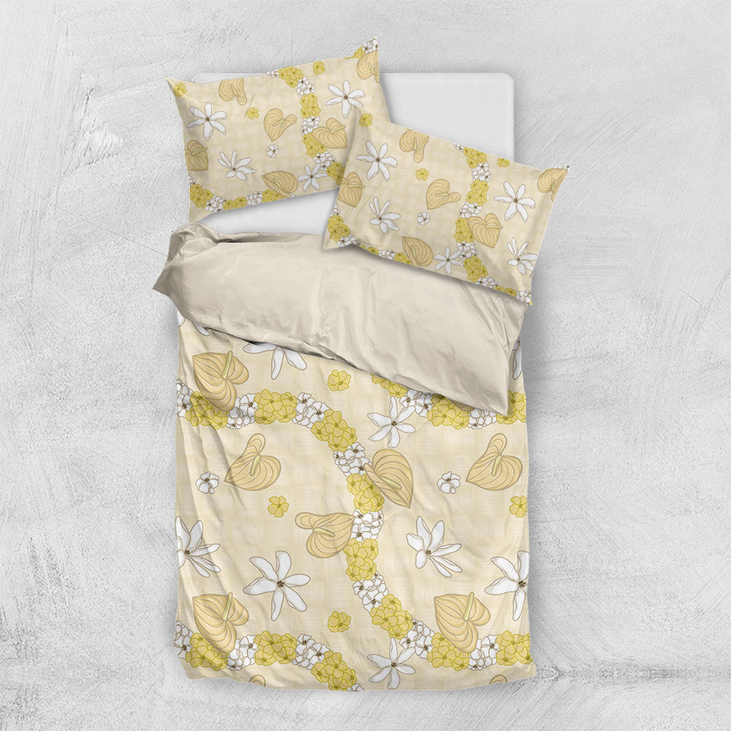 Hawaii Anthurium Tiare Pikake Lei Bedding Set Melemele Lauhala Art Pattern