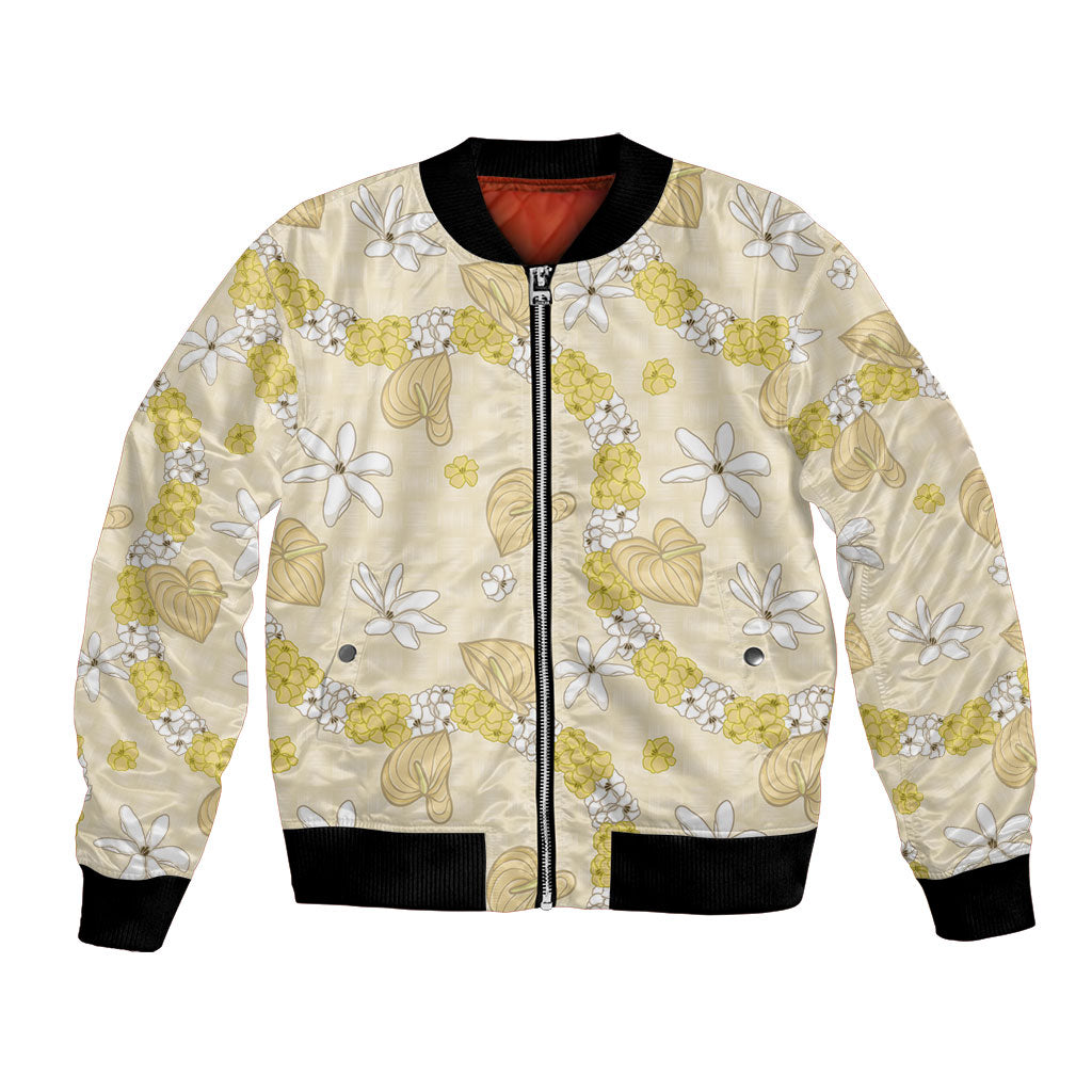 Hawaii Anthurium Tiare Pikake Lei Bomber Jacket Melemele Lauhala Art Pattern