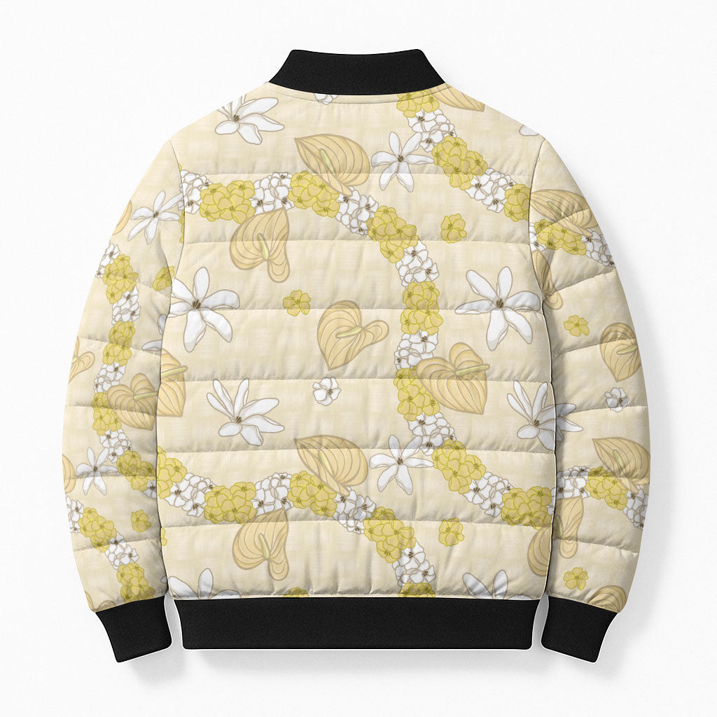 Hawaii Anthurium Tiare Pikake Lei Bomber Puffer Jacket Melemele Lauhala Art Pattern