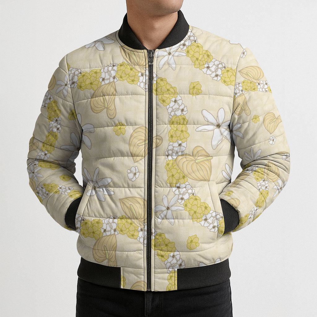 Hawaii Anthurium Tiare Pikake Lei Bomber Puffer Jacket Melemele Lauhala Art Pattern