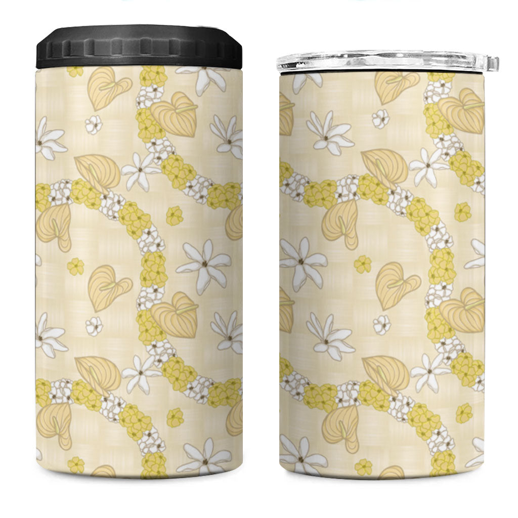 Hawaii Anthurium Tiare Pikake Lei 4 in 1 Can Cooler Tumbler Melemele Lauhala Art Pattern