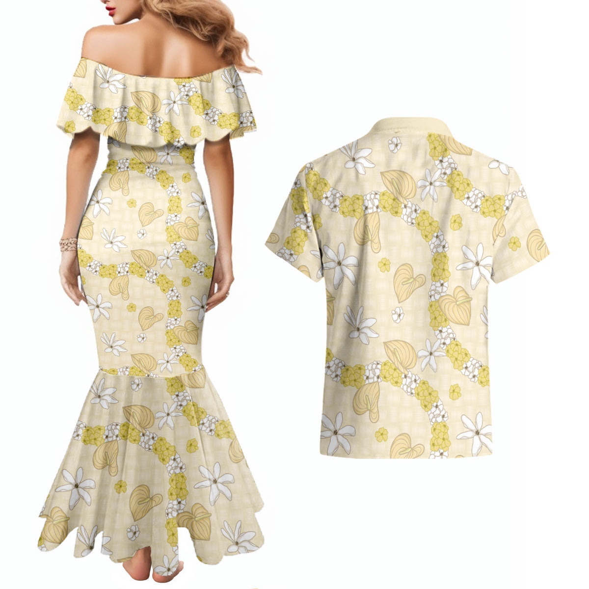 Hawaii Anthurium Tiare Pikake Lei Couples Matching Mermaid Dress and Hawaiian Shirt Melemele Lauhala Art Pattern