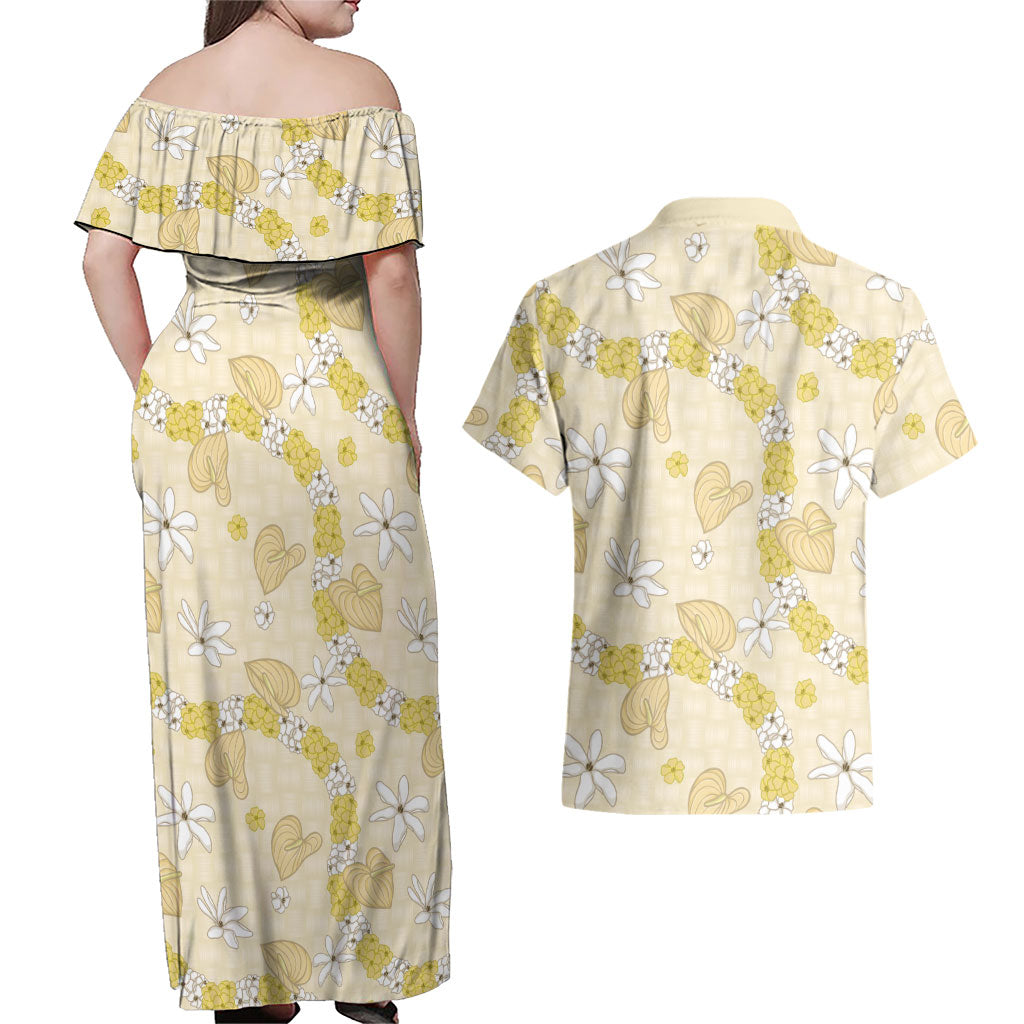 Hawaii Anthurium Tiare Pikake Lei Couples Matching Off Shoulder Maxi Dress and Hawaiian Shirt Melemele Lauhala Art Pattern