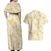 Hawaii Anthurium Tiare Pikake Lei Couples Matching Off Shoulder Maxi Dress and Hawaiian Shirt Melemele Lauhala Art Pattern