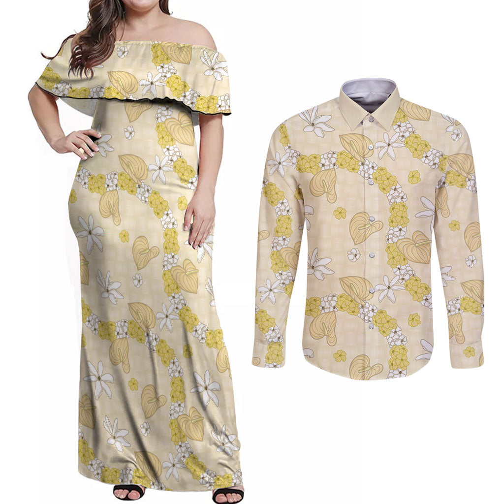 Hawaii Anthurium Tiare Pikake Lei Couples Matching Off Shoulder Maxi Dress and Long Sleeve Button Shirt Melemele Lauhala Art Pattern