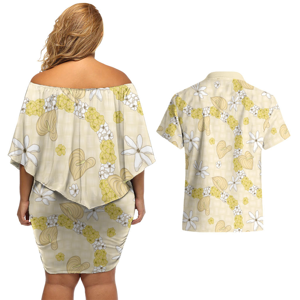 Hawaii Anthurium Tiare Pikake Lei Couples Matching Off Shoulder Short Dress and Hawaiian Shirt Melemele Lauhala Art Pattern