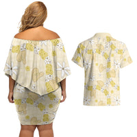 Hawaii Anthurium Tiare Pikake Lei Couples Matching Off Shoulder Short Dress and Hawaiian Shirt Melemele Lauhala Art Pattern