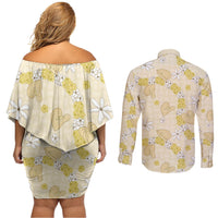 Hawaii Anthurium Tiare Pikake Lei Couples Matching Off Shoulder Short Dress and Long Sleeve Button Shirt Melemele Lauhala Art Pattern