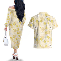 Hawaii Anthurium Tiare Pikake Lei Couples Matching Off The Shoulder Long Sleeve Dress and Hawaiian Shirt Melemele Lauhala Art Pattern