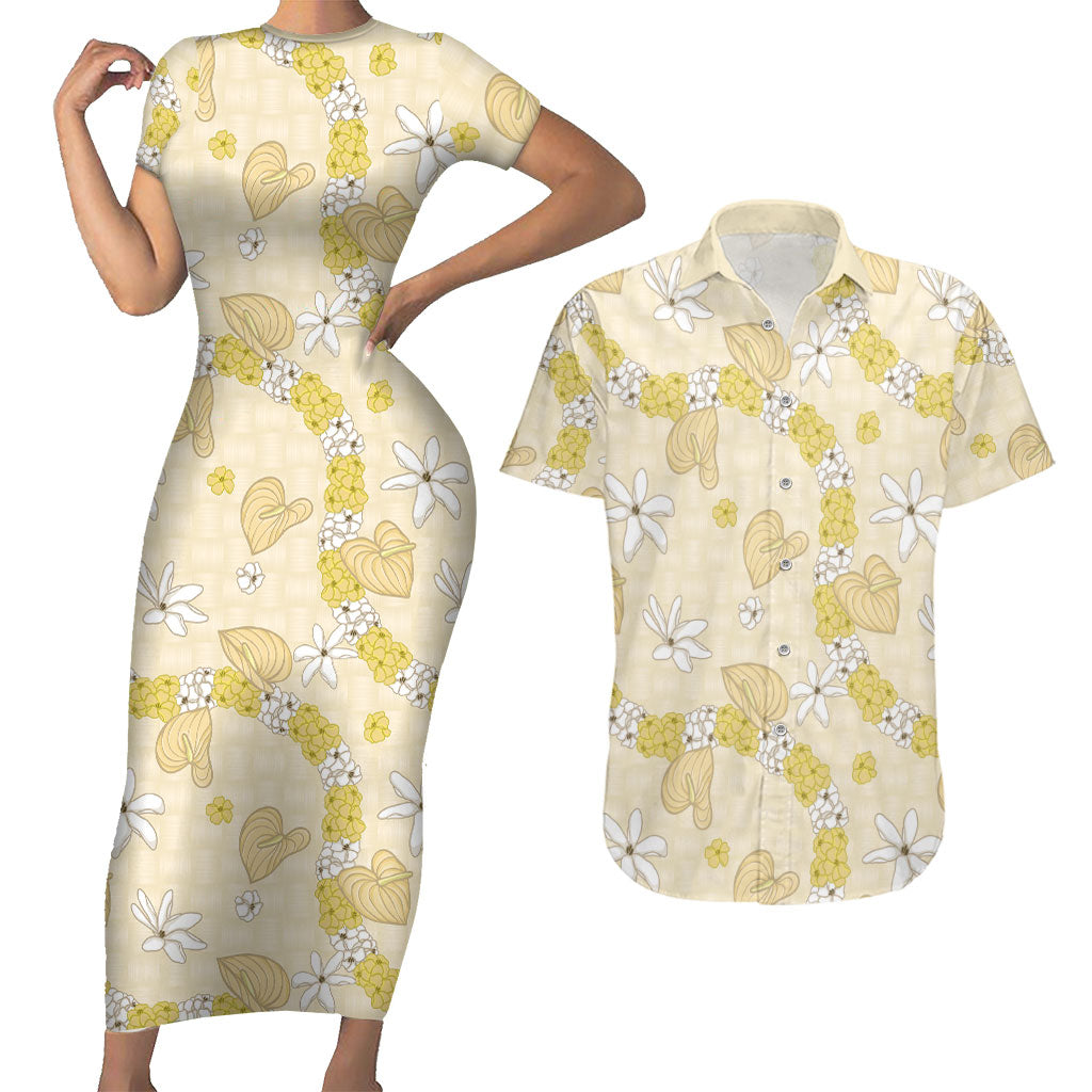 Hawaii Anthurium Tiare Pikake Lei Couples Matching Short Sleeve Bodycon Dress and Hawaiian Shirt Melemele Lauhala Art Pattern LT01 Yellow - Polynesian Pride