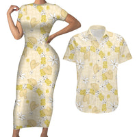Hawaii Anthurium Tiare Pikake Lei Couples Matching Short Sleeve Bodycon Dress and Hawaiian Shirt Melemele Lauhala Art Pattern LT01 Yellow - Polynesian Pride