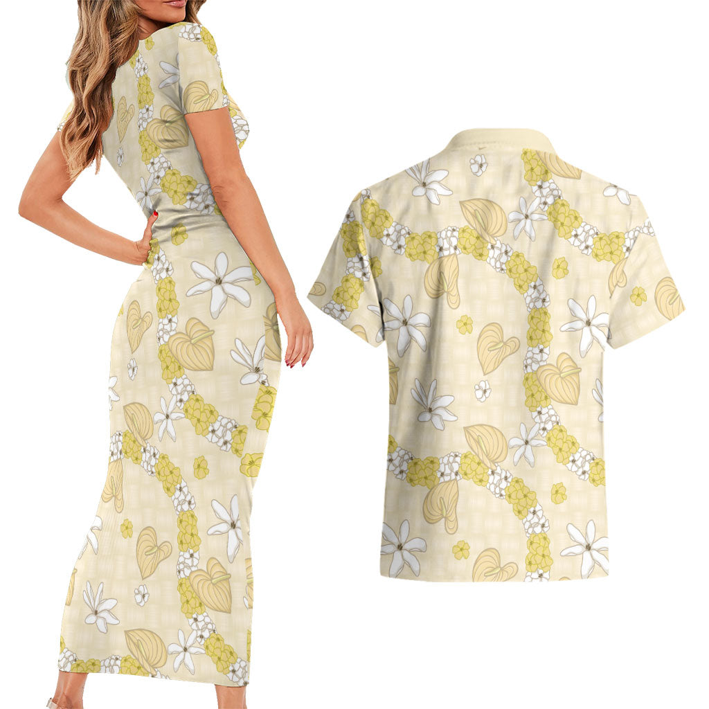 Hawaii Anthurium Tiare Pikake Lei Couples Matching Short Sleeve Bodycon Dress and Hawaiian Shirt Melemele Lauhala Art Pattern LT01 - Polynesian Pride