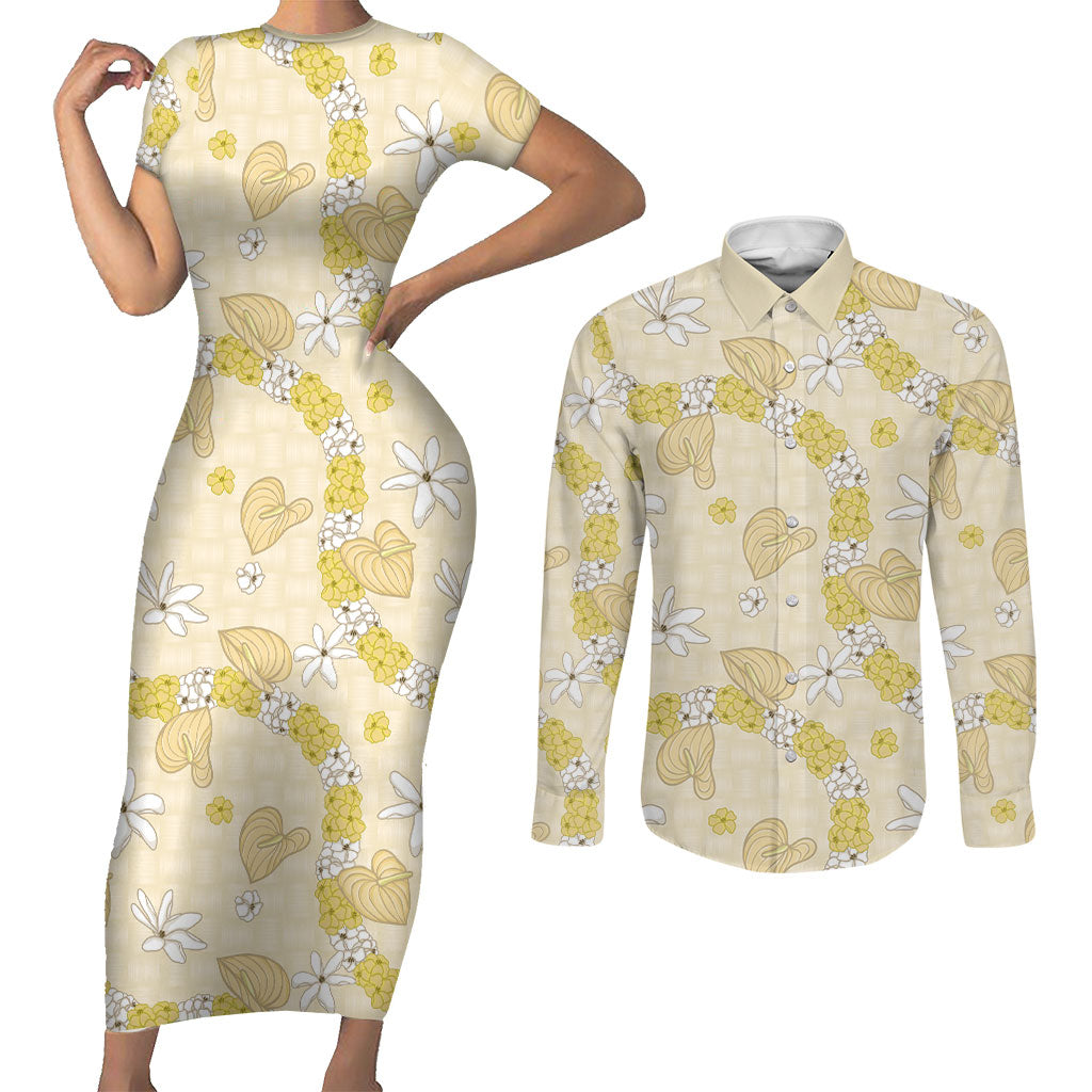 Hawaii Anthurium Tiare Pikake Lei Couples Matching Short Sleeve Bodycon Dress and Long Sleeve Button Shirt Melemele Lauhala Art Pattern