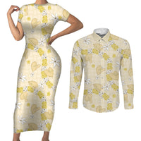 Hawaii Anthurium Tiare Pikake Lei Couples Matching Short Sleeve Bodycon Dress and Long Sleeve Button Shirt Melemele Lauhala Art Pattern
