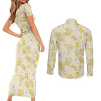 Hawaii Anthurium Tiare Pikake Lei Couples Matching Short Sleeve Bodycon Dress and Long Sleeve Button Shirt Melemele Lauhala Art Pattern
