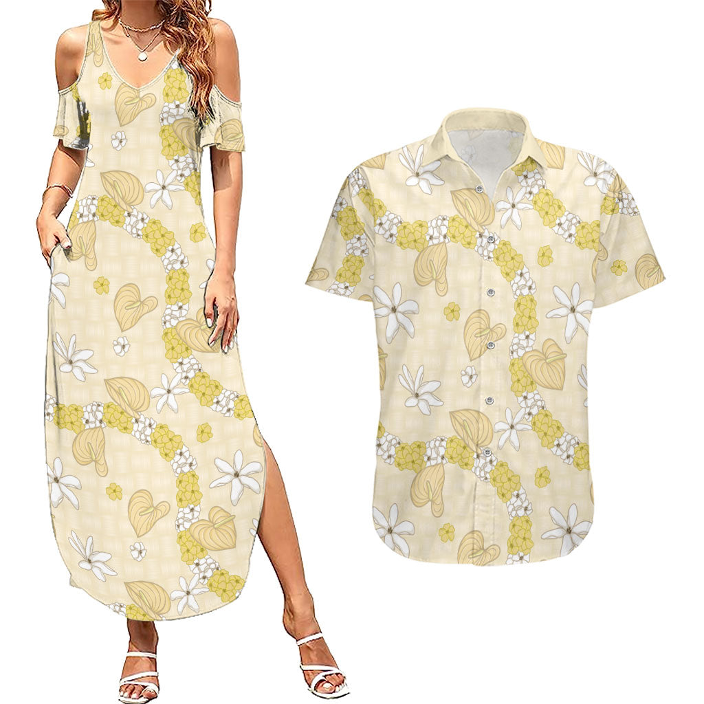 Hawaii Anthurium Tiare Pikake Lei Couples Matching Summer Maxi Dress and Hawaiian Shirt Melemele Lauhala Art Pattern