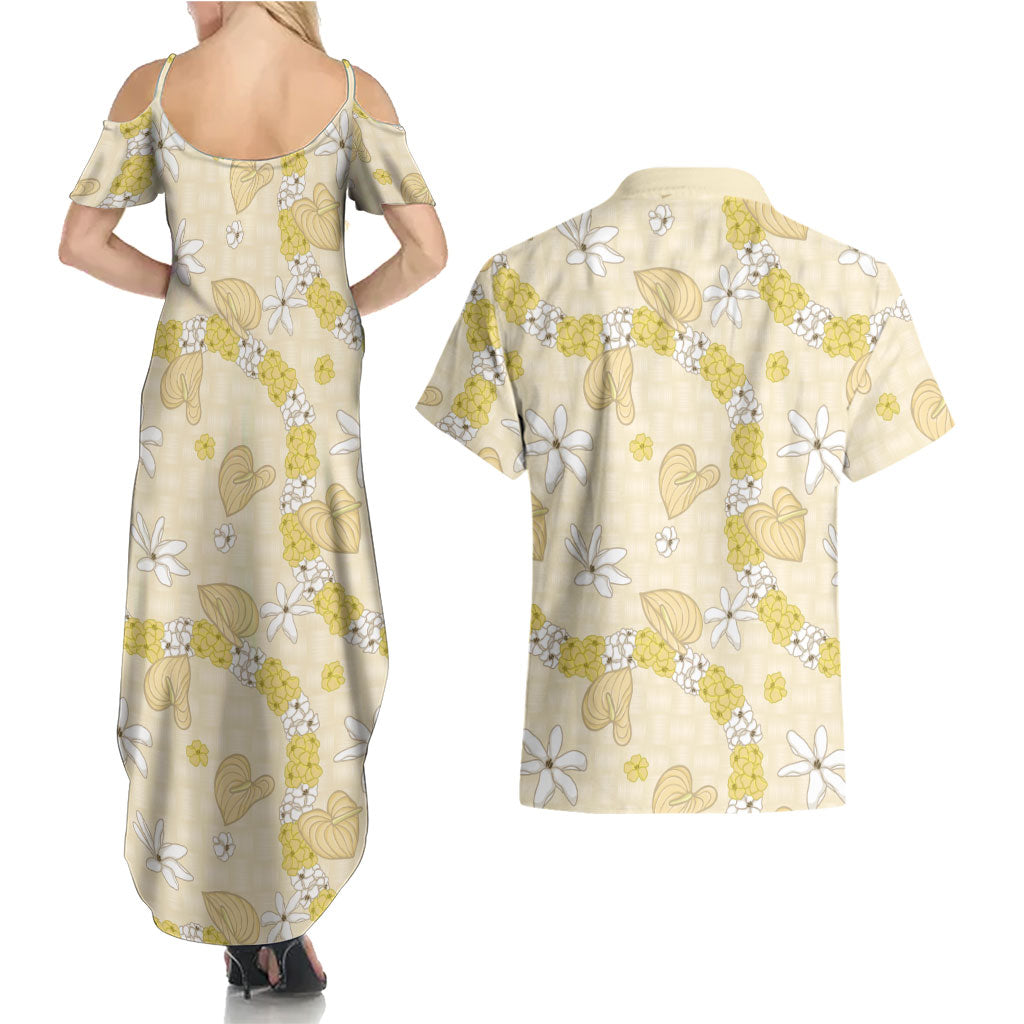Hawaii Anthurium Tiare Pikake Lei Couples Matching Summer Maxi Dress and Hawaiian Shirt Melemele Lauhala Art Pattern
