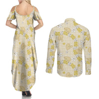 Hawaii Anthurium Tiare Pikake Lei Couples Matching Summer Maxi Dress and Long Sleeve Button Shirt Melemele Lauhala Art Pattern