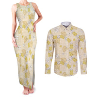 Hawaii Anthurium Tiare Pikake Lei Couples Matching Tank Maxi Dress and Long Sleeve Button Shirt Melemele Lauhala Art Pattern
