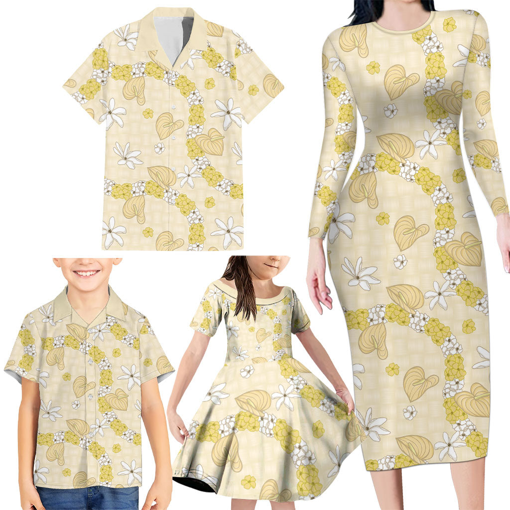Hawaii Anthurium Tiare Pikake Lei Family Matching Long Sleeve Bodycon Dress and Hawaiian Shirt Melemele Lauhala Art Pattern LT01 - Polynesian Pride