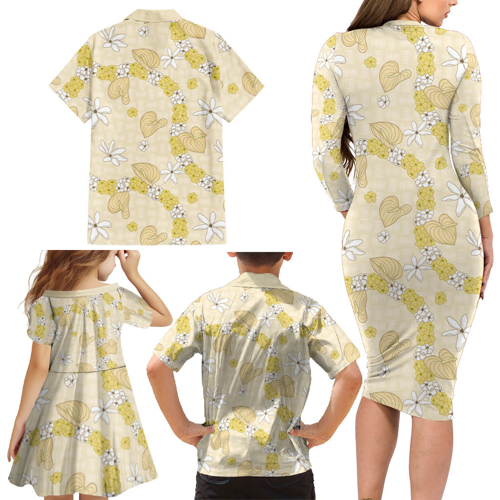 Hawaii Anthurium Tiare Pikake Lei Family Matching Long Sleeve Bodycon Dress and Hawaiian Shirt Melemele Lauhala Art Pattern LT01 - Polynesian Pride