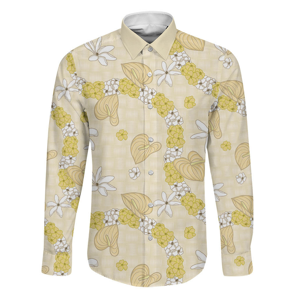 Hawaii Anthurium Tiare Pikake Lei Family Matching Mermaid Dress and Hawaiian Shirt Melemele Lauhala Art Pattern LT01 Dad's Shirt - Long Sleeve Yellow - Polynesian Pride