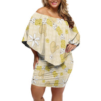 Hawaii Anthurium Tiare Pikake Lei Family Matching Off Shoulder Short Dress and Hawaiian Shirt Melemele Lauhala Art Pattern LT01 Mom's Dress Yellow - Polynesian Pride