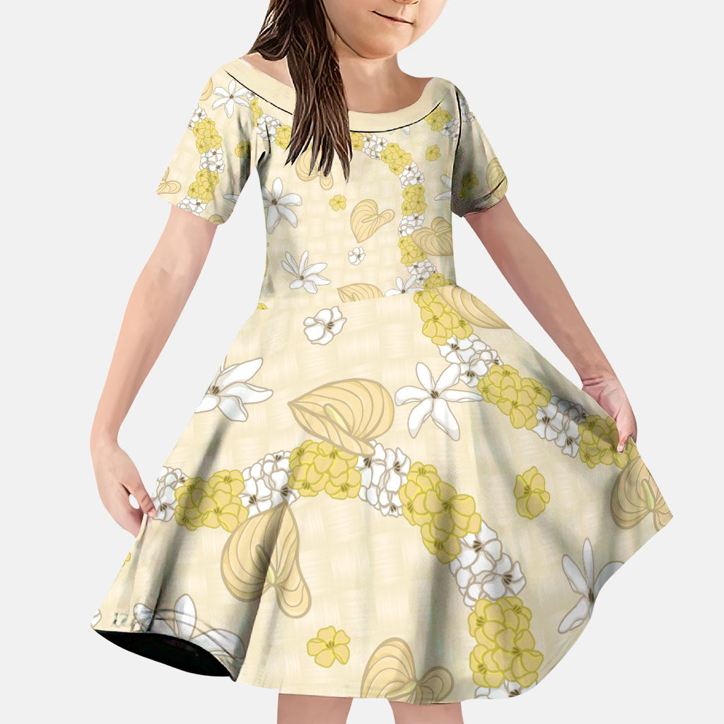 Hawaii Anthurium Tiare Pikake Lei Family Matching Summer Maxi Dress and Hawaiian Shirt Melemele Lauhala Art Pattern LT01 Daughter's Dress Yellow - Polynesian Pride