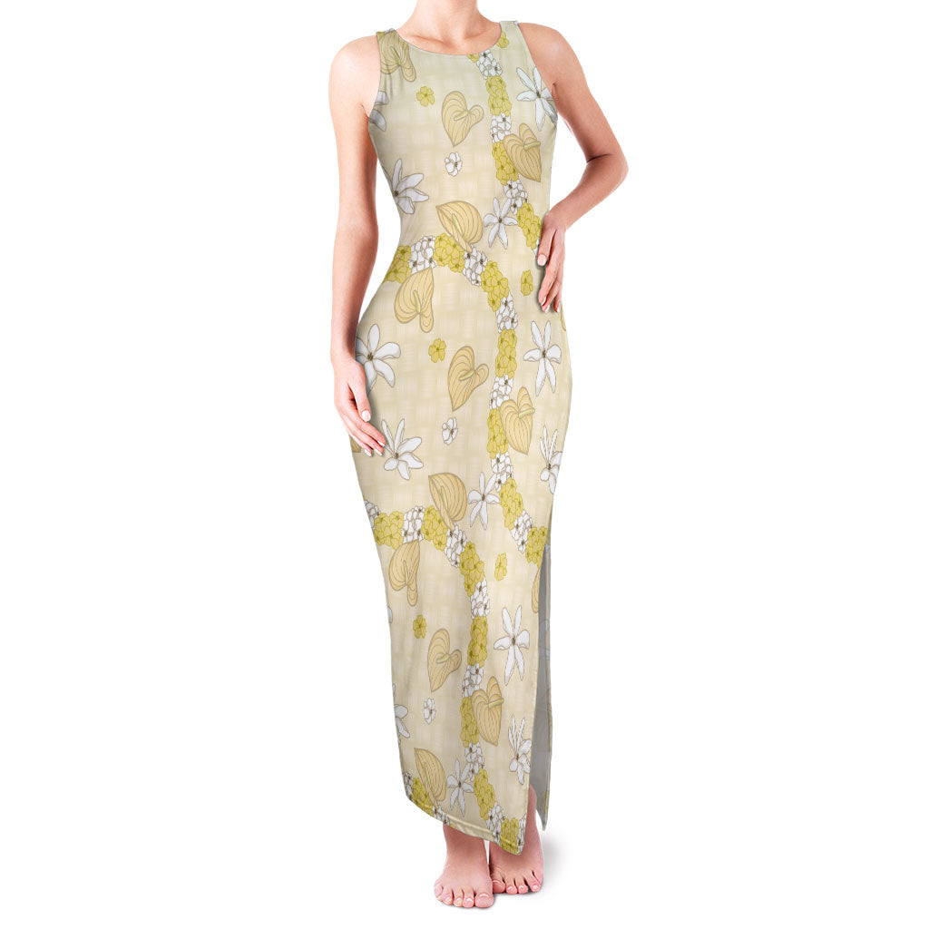 Hawaii Anthurium Tiare Pikake Lei Family Matching Tank Maxi Dress and Hawaiian Shirt Melemele Lauhala Art Pattern LT01 Mom's Dress Yellow - Polynesian Pride