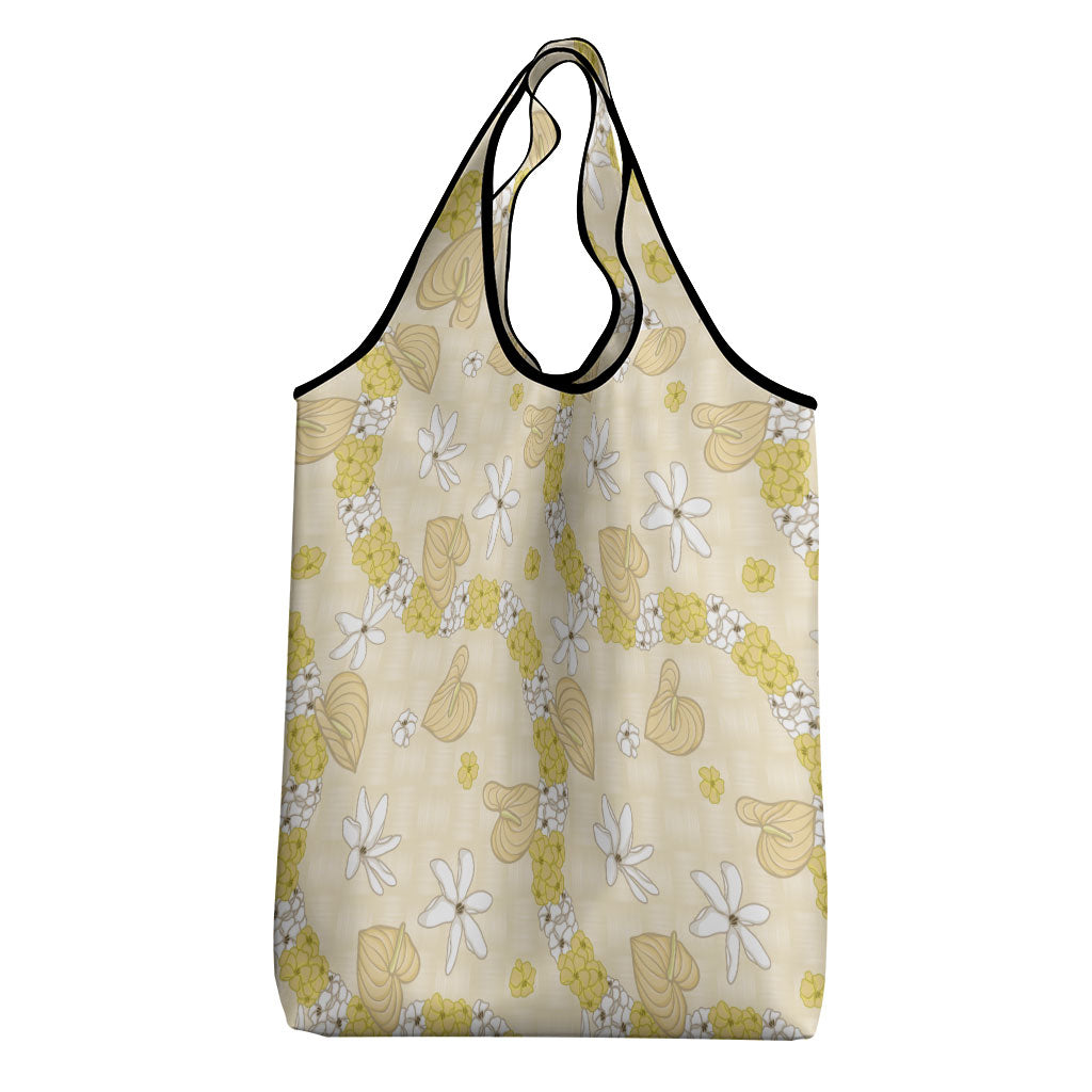 Hawaii Anthurium Tiare Pikake Lei Grocery Bag Melemele Lauhala Art Pattern