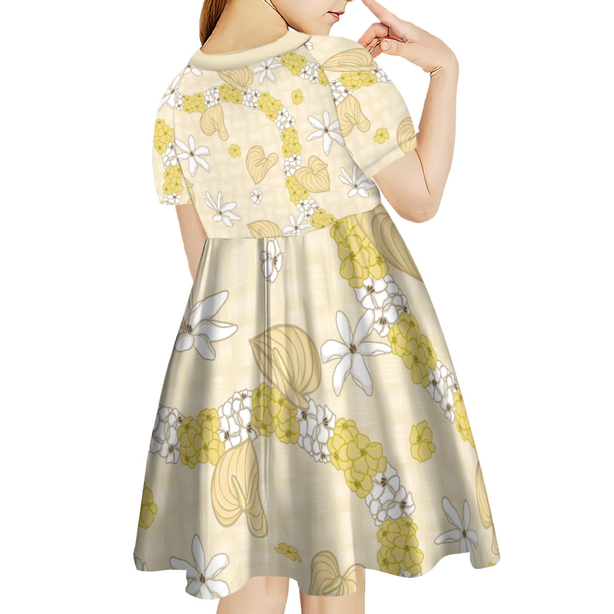 Hawaii Anthurium Tiare Pikake Lei Kid Short Sleeve Dress Melemele Lauhala Art Pattern