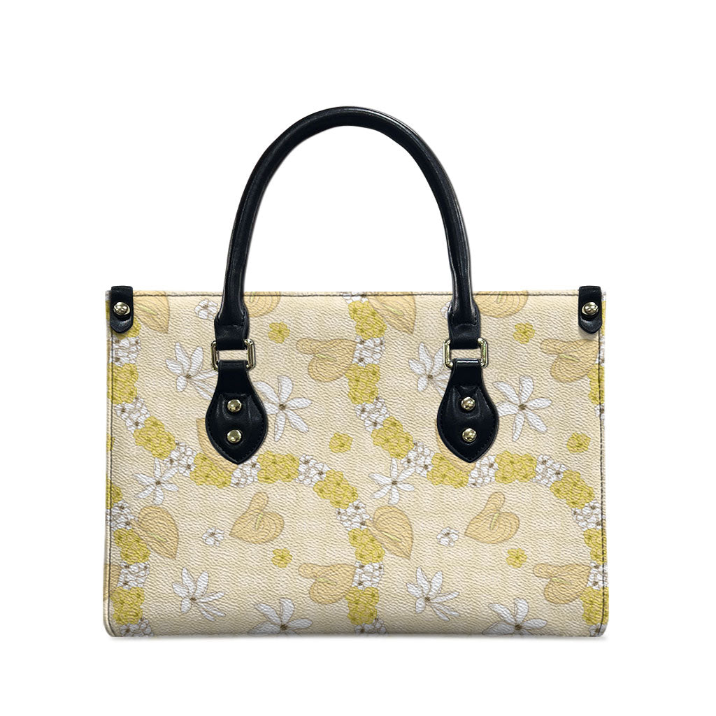 Hawaii Anthurium Tiare Pikake Lei Leather Bag Melemele Lauhala Art Pattern