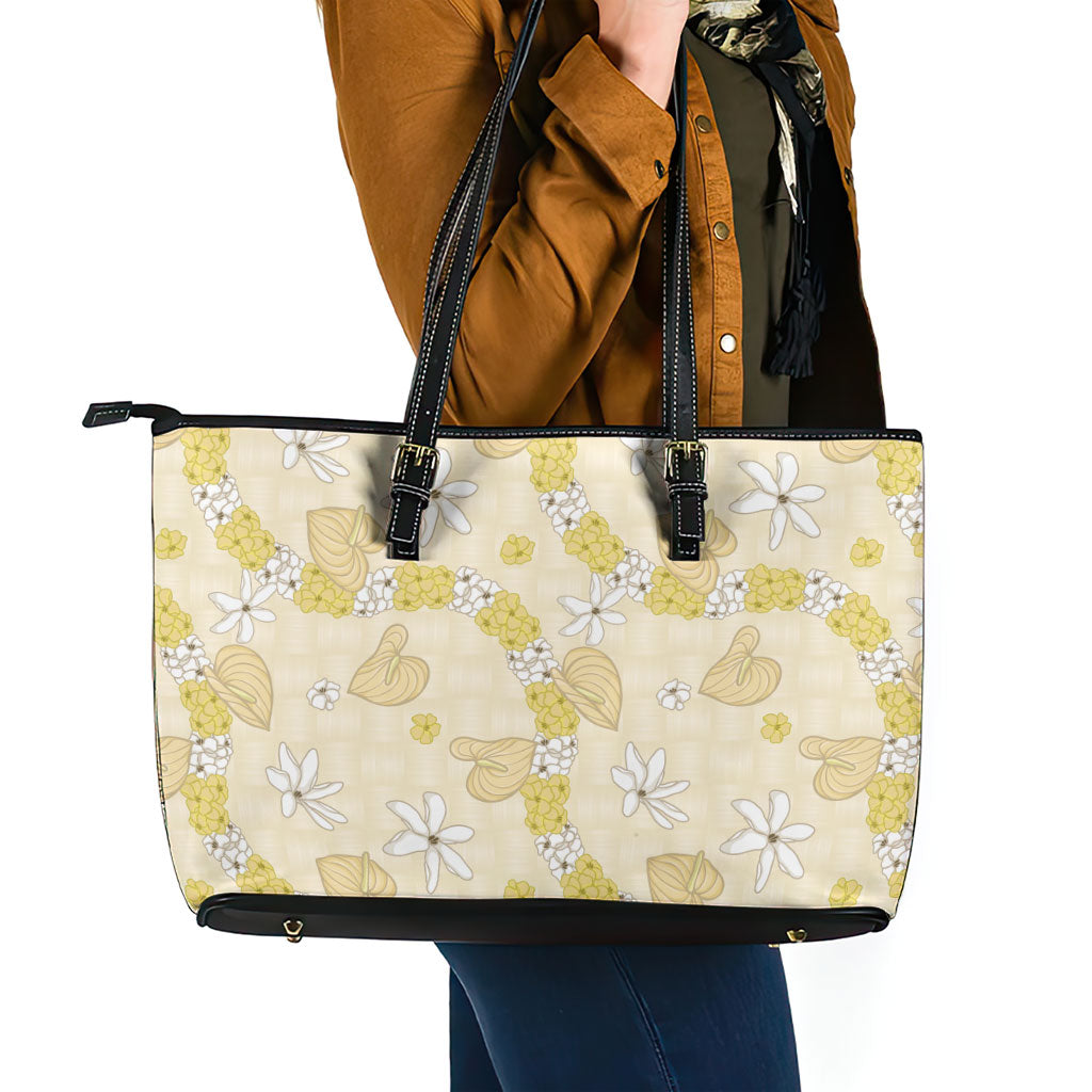 Hawaii Anthurium Tiare Pikake Lei Leather Tote Bag Melemele Lauhala Art Pattern