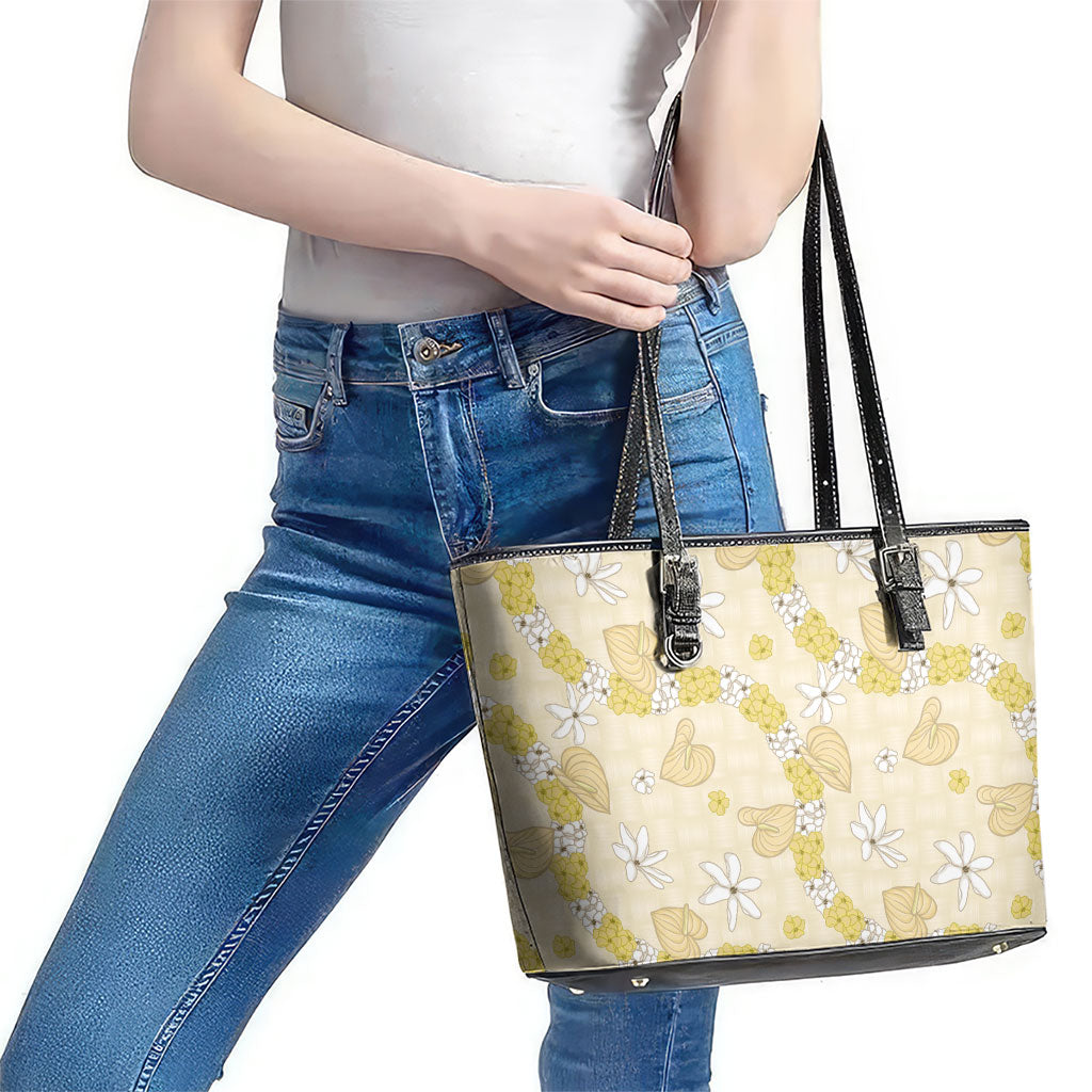 Hawaii Anthurium Tiare Pikake Lei Leather Tote Bag Melemele Lauhala Art Pattern