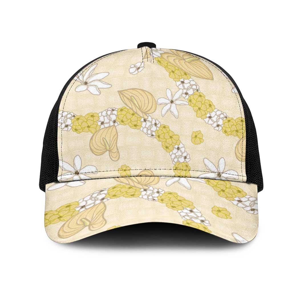 Hawaii Anthurium Tiare Pikake Lei Mesh Trucker Cap Melemele Lauhala Art Pattern
