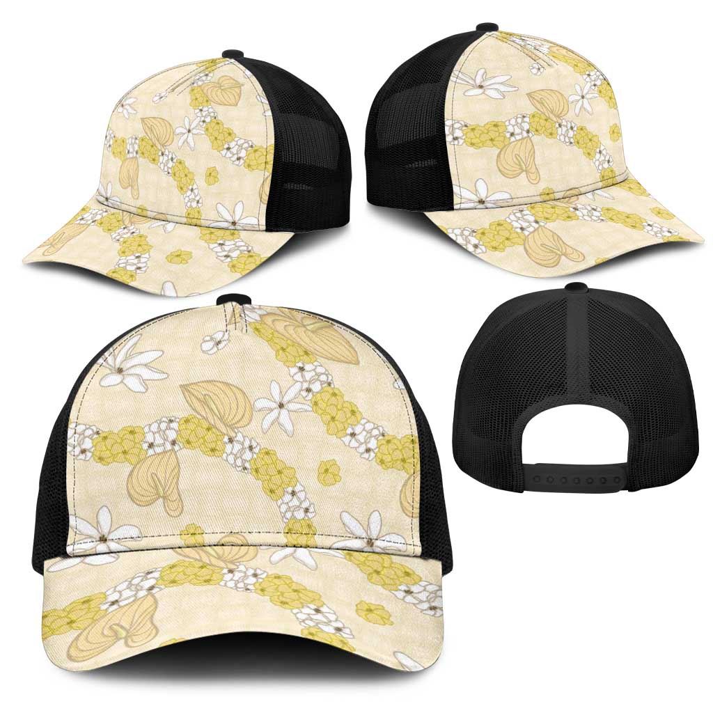 Hawaii Anthurium Tiare Pikake Lei Mesh Trucker Cap Melemele Lauhala Art Pattern