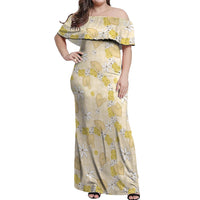 Hawaii Anthurium Tiare Pikake Lei Off Shoulder Maxi Dress Melemele Lauhala Art Pattern