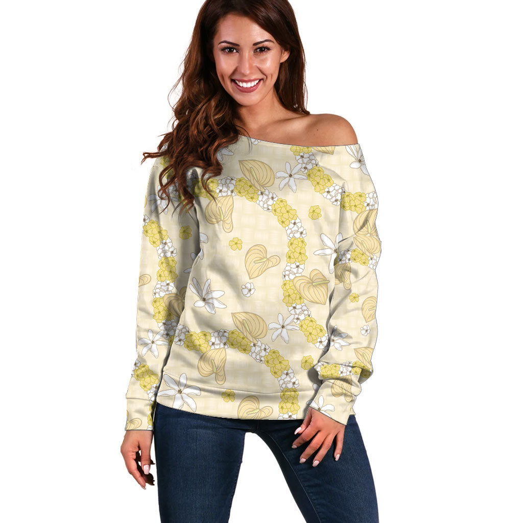 Hawaii Anthurium Tiare Pikake Lei Off Shoulder Sweater Melemele Lauhala Art Pattern
