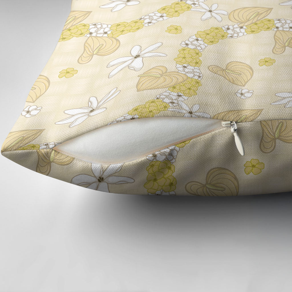 Hawaii Anthurium Tiare Pikake Lei Pillow Cover Melemele Lauhala Art Pattern