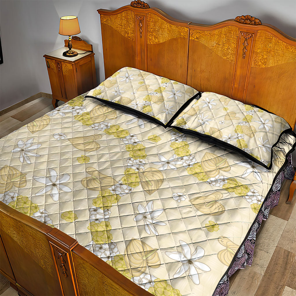 Hawaii Anthurium Tiare Pikake Lei Quilt Bed Set Melemele Lauhala Art Pattern