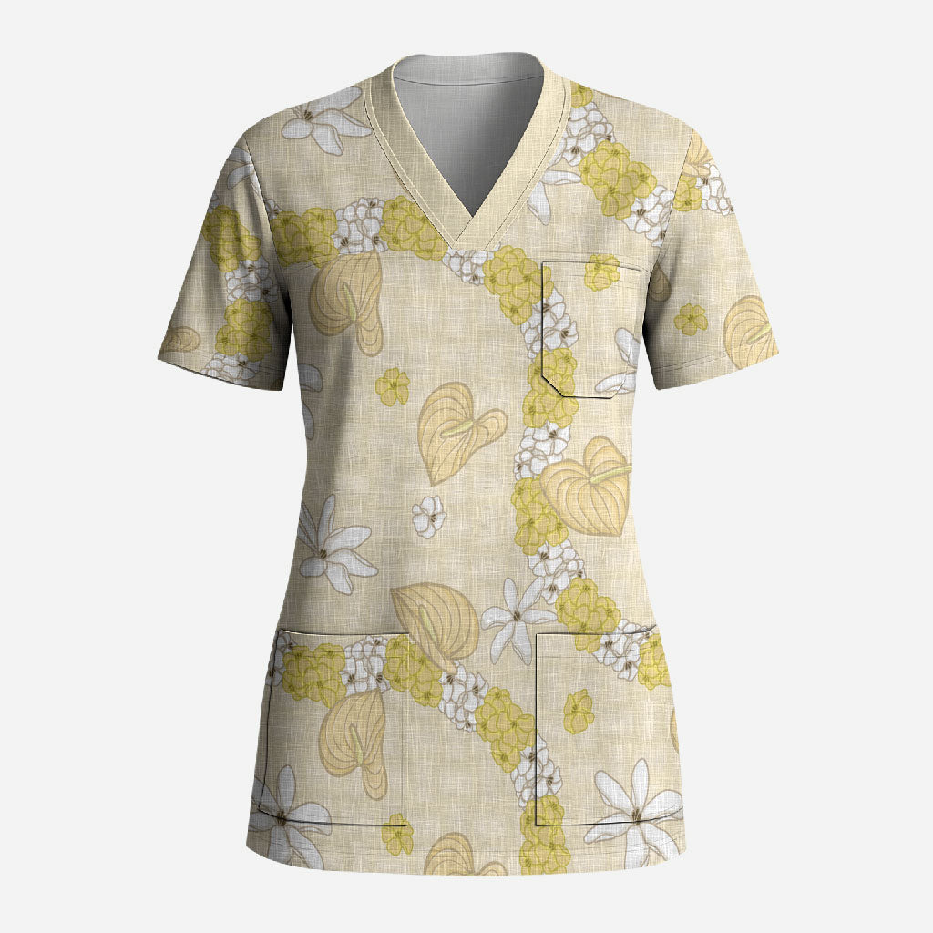 Hawaii Anthurium Tiare Pikake Lei Scrub Top Melemele Lauhala Art Pattern
