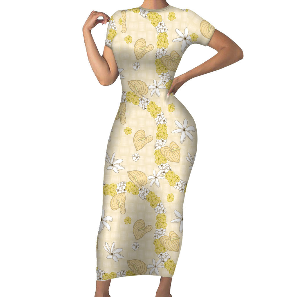 Hawaii Anthurium Tiare Pikake Lei Short Sleeve Bodycon Dress Melemele Lauhala Art Pattern