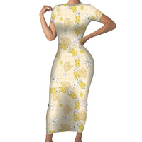 Hawaii Anthurium Tiare Pikake Lei Short Sleeve Bodycon Dress Melemele Lauhala Art Pattern